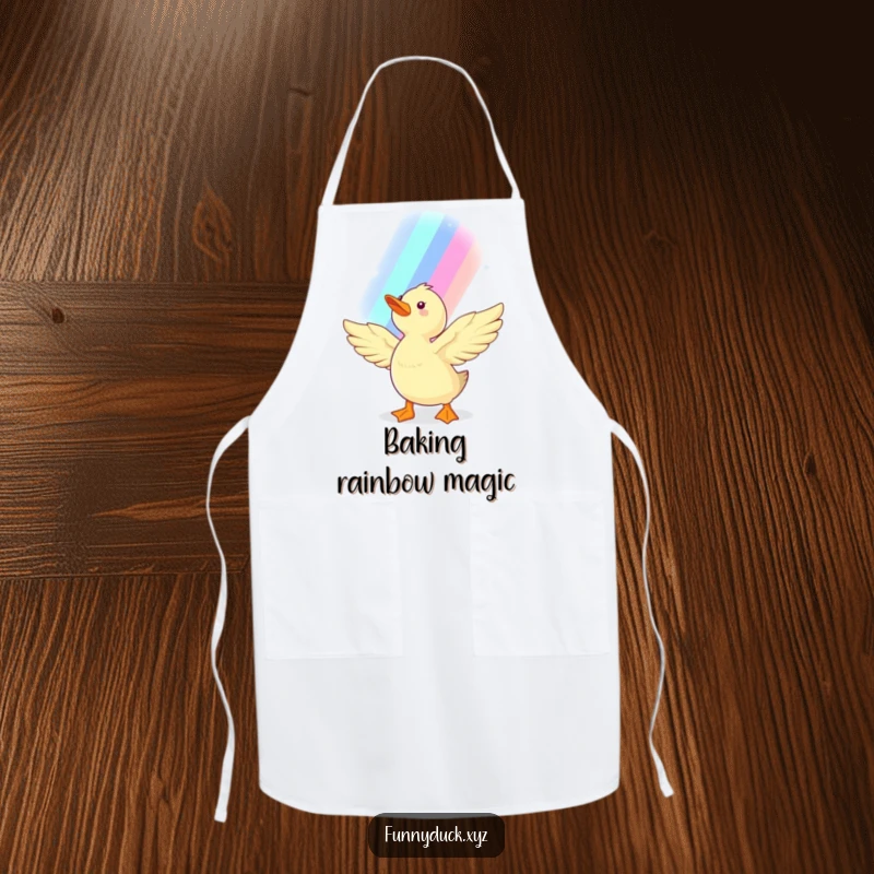 Funny Kawaii Duck Apron showing a happy duck reaching for a shimmering rainbow, adding fun and color to kitchen tasks.