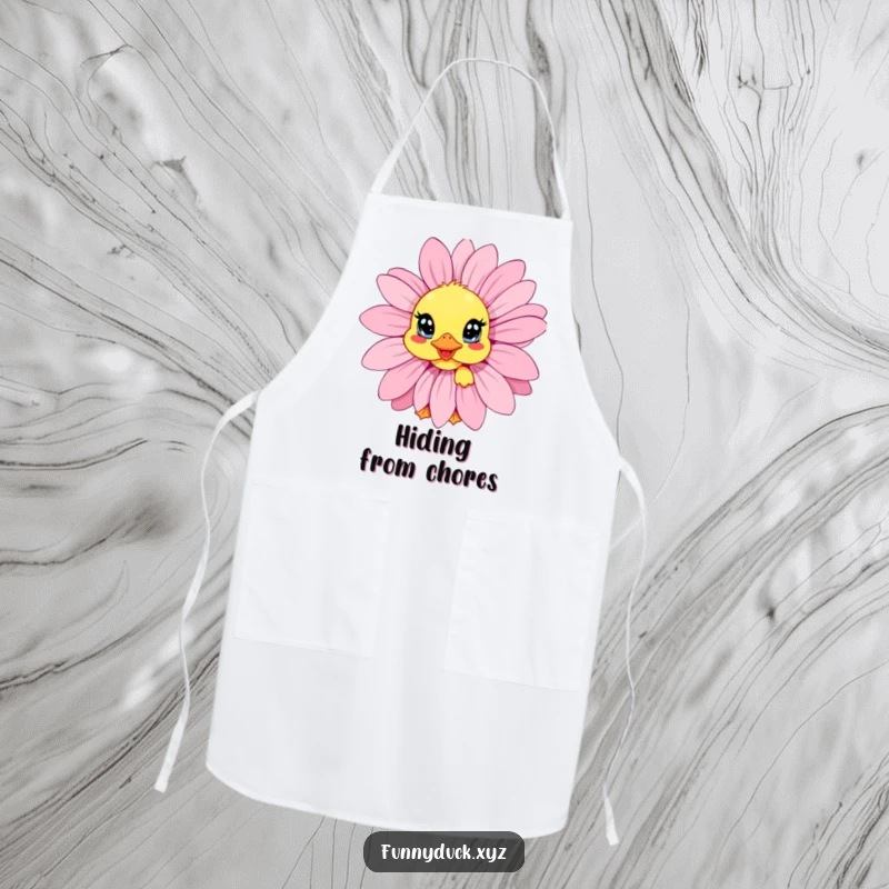 Funny Kawaii Duck Apron depicting a duck peeking shyly from behind a daisy, perfect for adding kitchen charm.