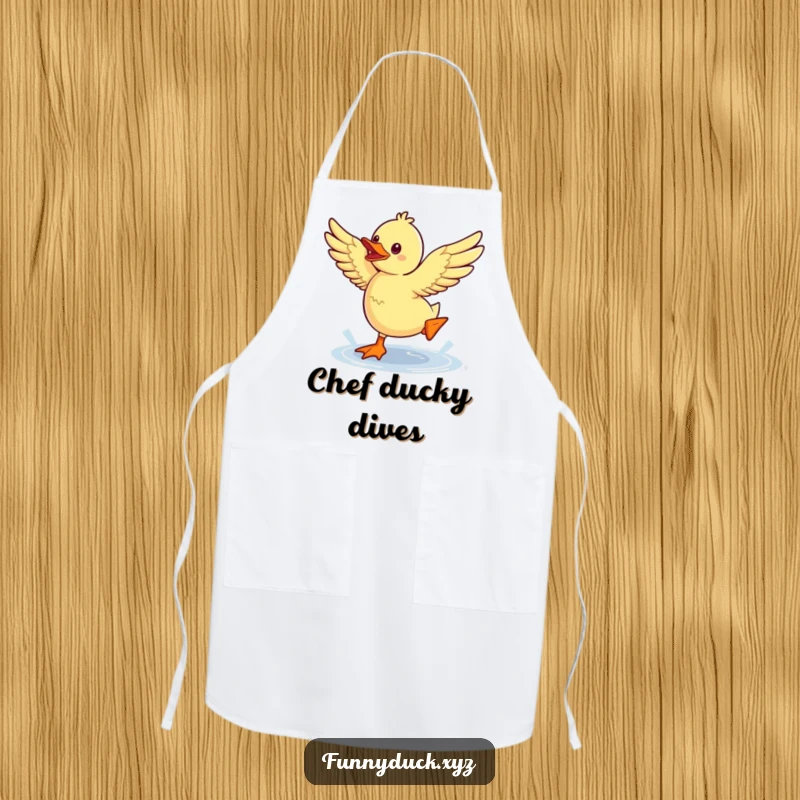 Funny Kawaii Duck Apron depicting an energetic duck jumping a puddle, perfect for adding humor to cooking.
