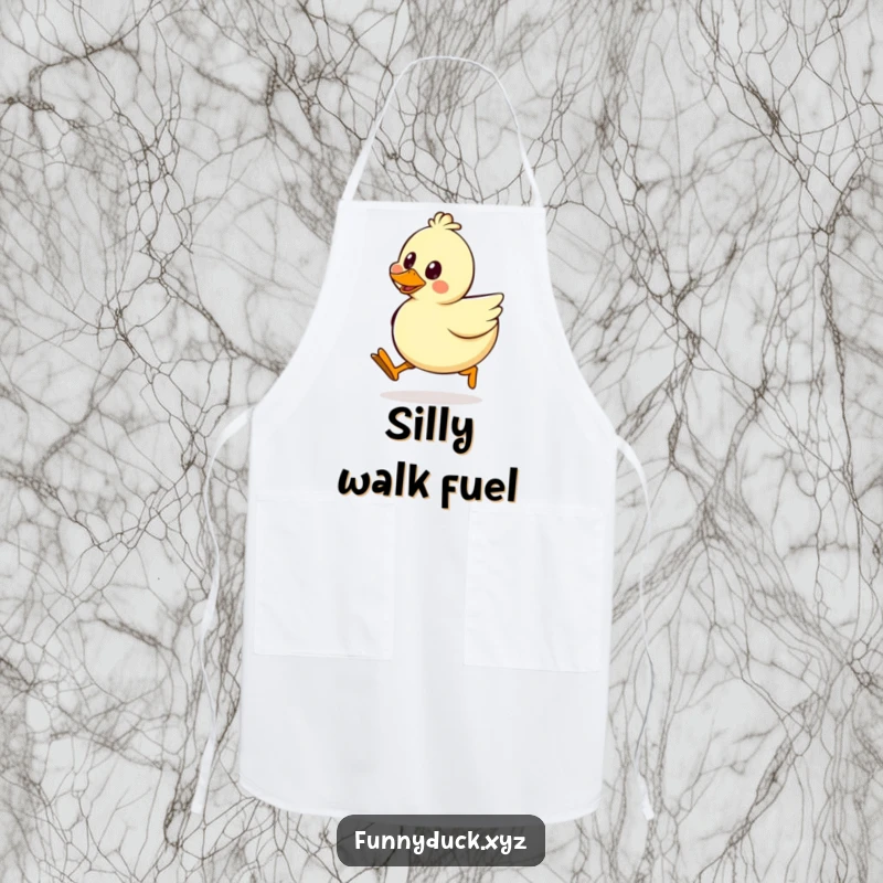 Funny Kawaii Duck Apron showing a duck in a hilarious silly walk, ready to add humor to any cooking or baking session.