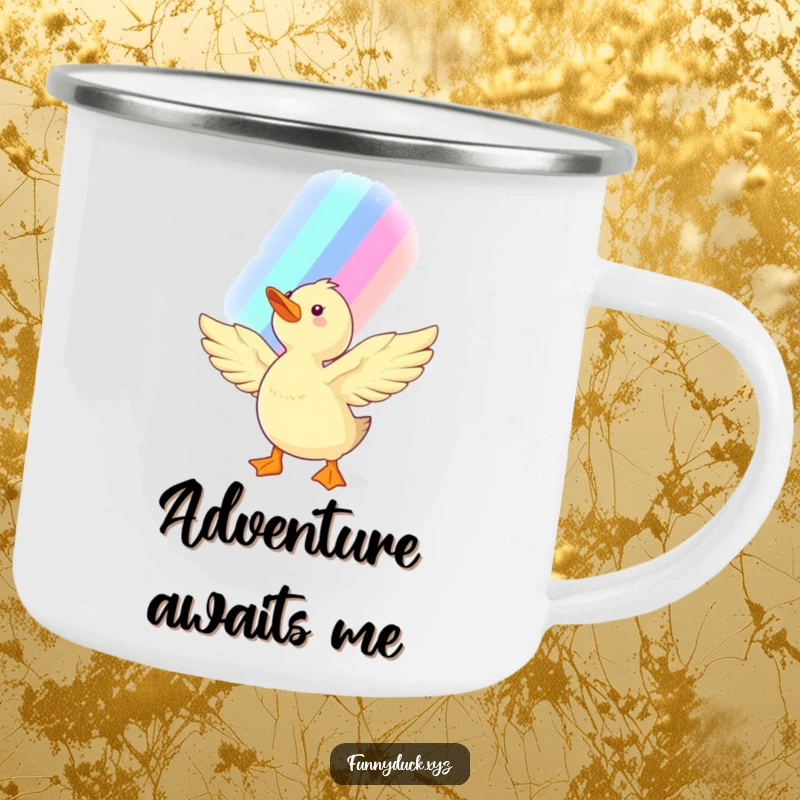 Funny Kawaii Duck Camping Mug featuring a duck reaching for a rainbow, perfect for outdoor adventures and inspiring hopeful journeys.