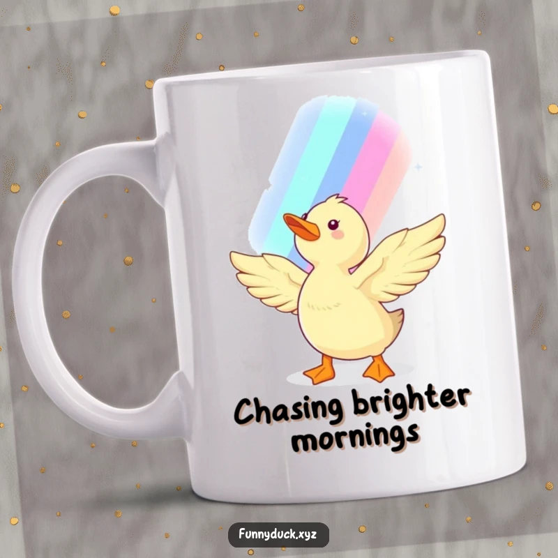 Funny Lucky Kawaii Duck Mug with a smiling duck stretching its wings towards a vibrant, shimmering rainbow, symbolizing hope and joy.