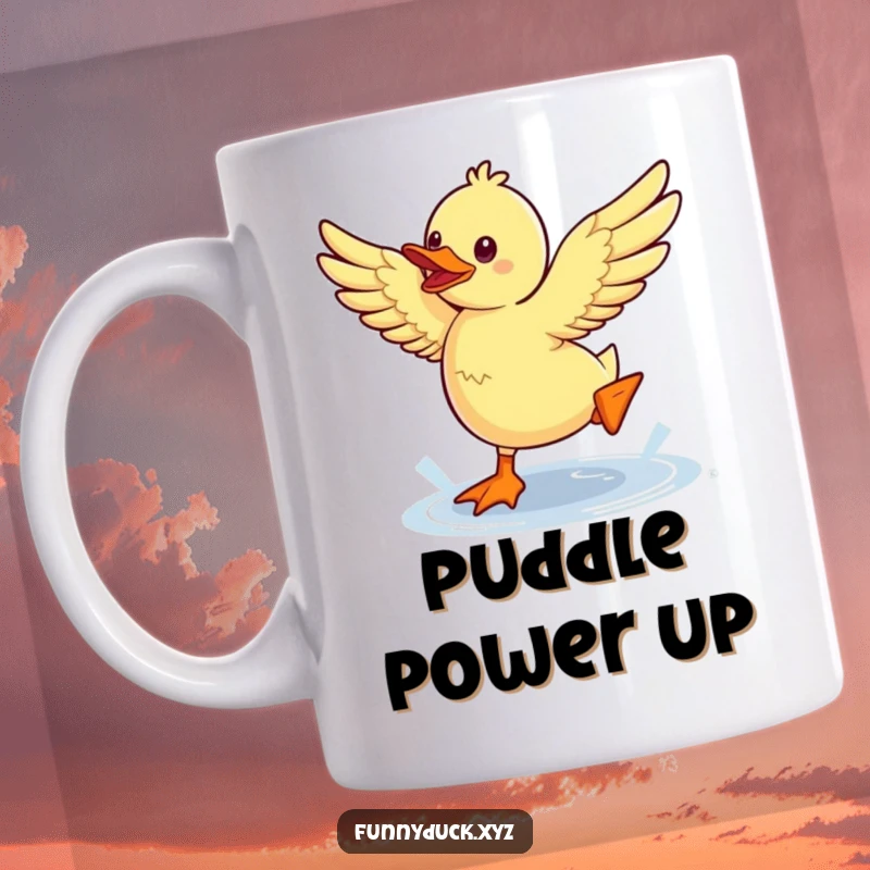 Funny Kawaii Duck Mug showing a duck enthusiastically flapping wings while jumping over a small puddle.