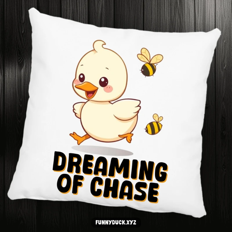 Funny Kawaii Duck Pillow featuring a smiling duck playfully chasing a bee, offering soft, humorous, and whimsical decor.