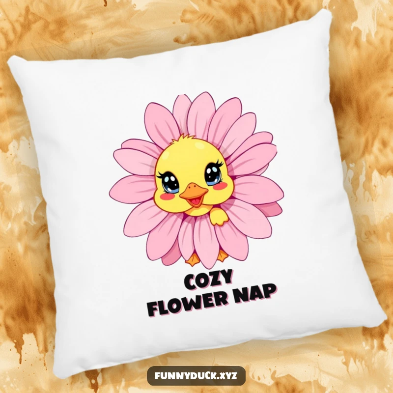 Funny Kawaii Duck Pillow featuring a duck with wide eyes peeking from behind a daisy, offering soft, humorous, and cute decor.