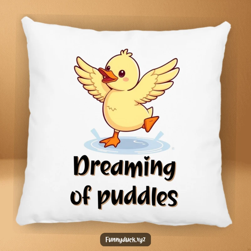 Funny Kawaii Duck Pillow featuring a duck mid-jump over a puddle, bringing soft, humorous, and playful vibes.