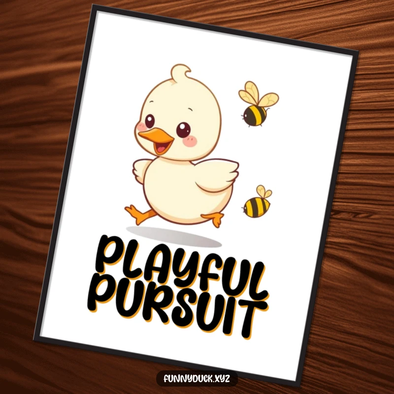 Funny Kawaii Duck Digital Art Print of a duck smiling and playfully chasing a tiny, buzzing bee.