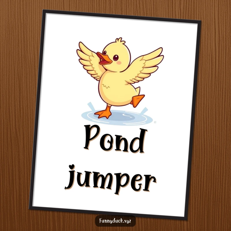 Funny Kawaii Duck Digital Art Print of a duck flapping wings enthusiastically while jumping a small puddle.