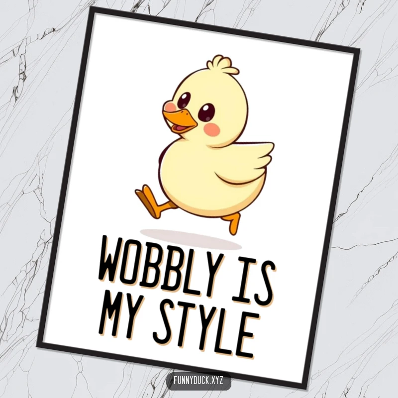 Funny Kawaii Duck Digital Art Print of a duck doing a hilarious silly walk, its wobbly legs and happy face are ready to brighten any room.