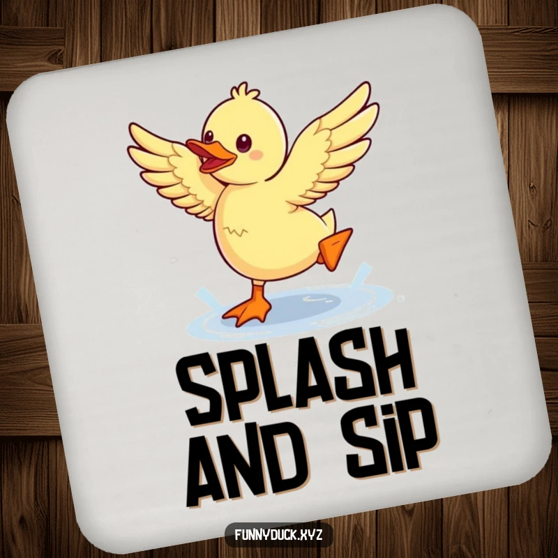 Funny Kawaii Duck Drink Coaster featuring a duck energetically jumping a puddle, perfect for adding playful humor.