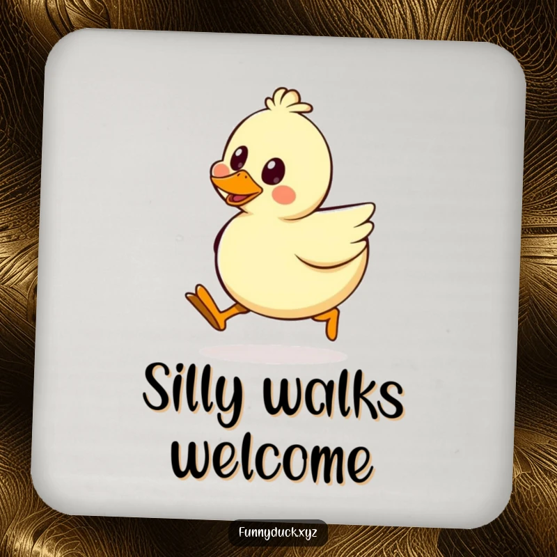 Funny Kawaii Duck Coasters set showing a duck in a comical silly walk, protecting tabletops with infectious humor and charm.