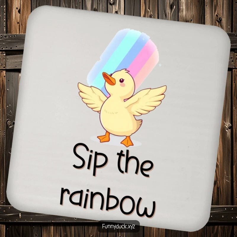Funny Kawaii Duck Coasters set featuring a duck reaching for a rainbow, adding a touch of magic and humor to any table.