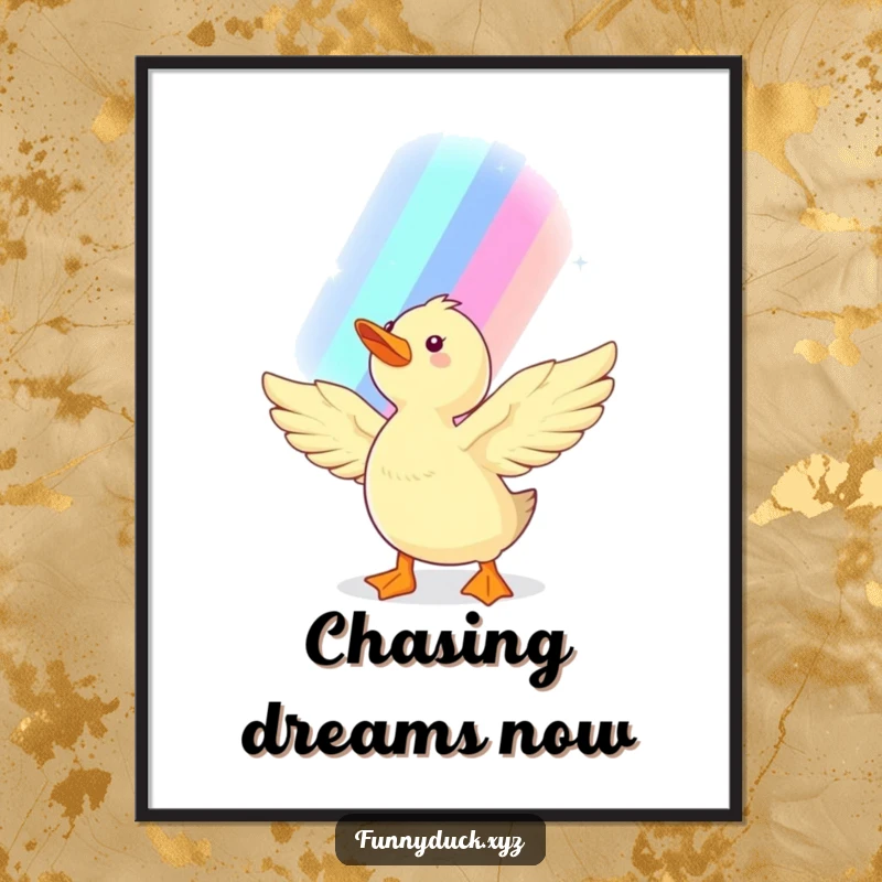 Funny Kawaii Duck Poster depicting a joyful duck reaching wings towards a vibrant, shimmering rainbow, symbolizing dreams and positive energy.
