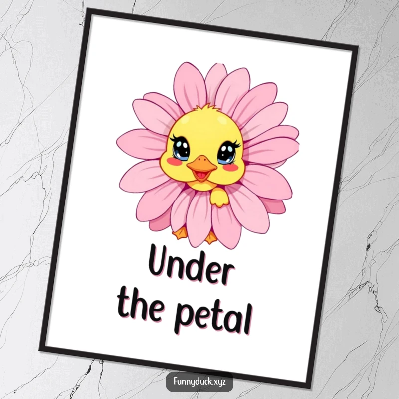 Funny Kawaii Duck Poster depicting a duck with wide eyes peeking from behind a large, colorful daisy.