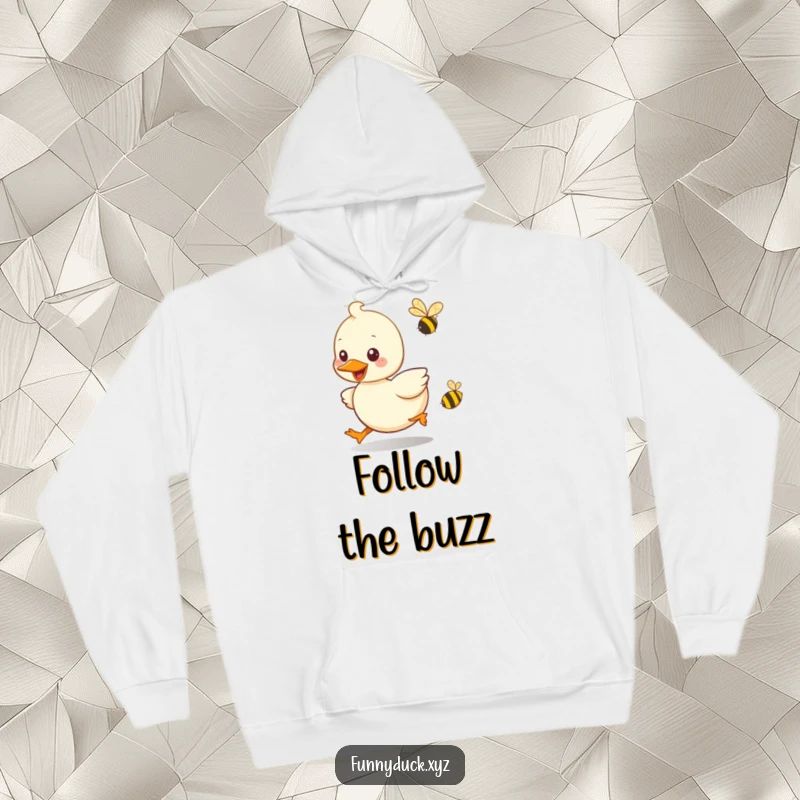 Funny Kawaii Duck Hoodie featuring a cute duck playfully chasing a buzzing bee, blending comfort with whimsical fun.