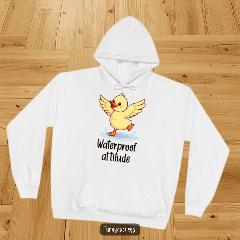 Funny Kawaii Duck Hoodie featuring a cute duck with flapping wings mid-jump over a puddle, blending warmth and playfulness.