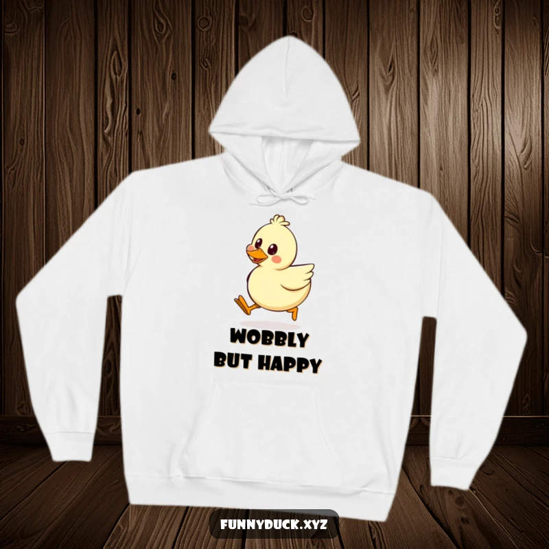 Funny Kawaii Duck Hoodie showing a happy duck performing a comical silly walk with a funny, wobbly gait and joyful expression.