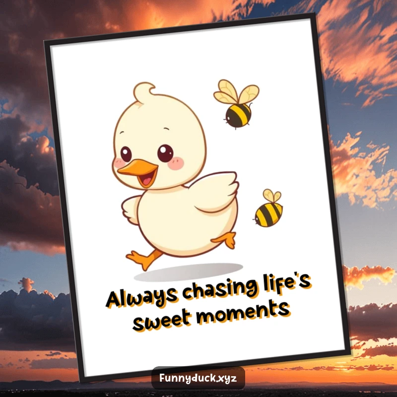 Funny Free Printable Wall Art: Kawaii duck playfully chasing a tiny, buzzing bee with a happy smile.