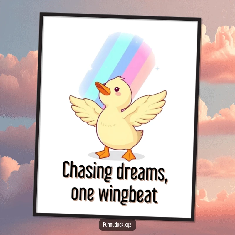 Funny Free Printable Wall Art: A kawaii duck with wings spread, reaching towards a vibrant shimmering rainbow, inspiring wonder.