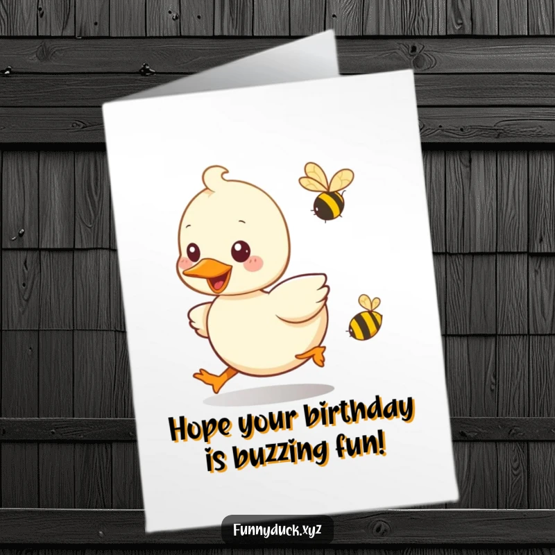 Funny Free Printable Birthday Card: Kawaii duck playfully chasing a tiny, buzzing bee with a huge smile.