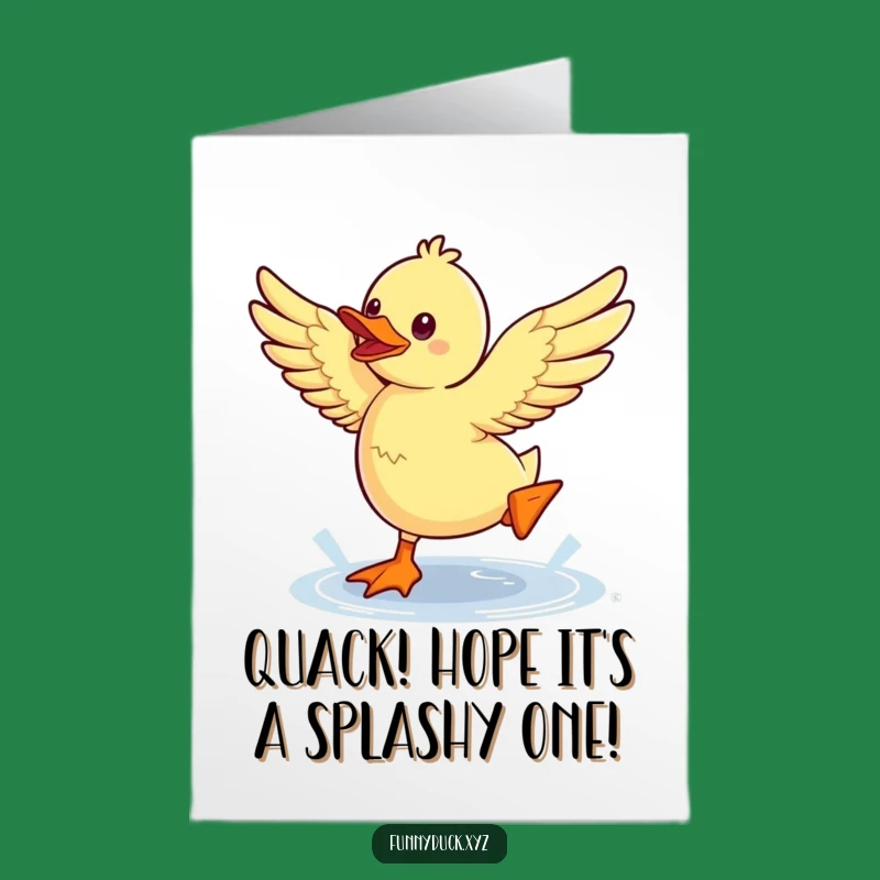 Free Printable Birthday Card: Funny Kawaii Duck Jumps Puddle with Joy!