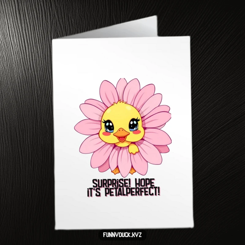 Funny Free Printable Birthday Card: Kawaii duck peeking out from behind a giant, colorful daisy with wide, curious eyes.