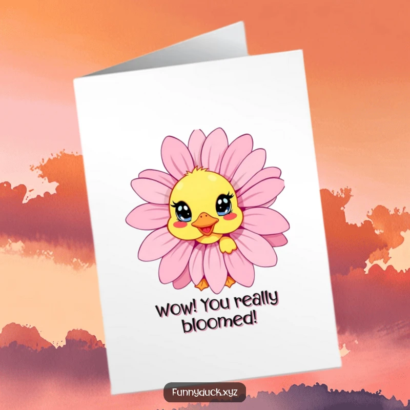 Funny Free Printable Congrats Card: Kawaii duck peeking out from behind a giant, colorful daisy with wide, congratulatory eyes.