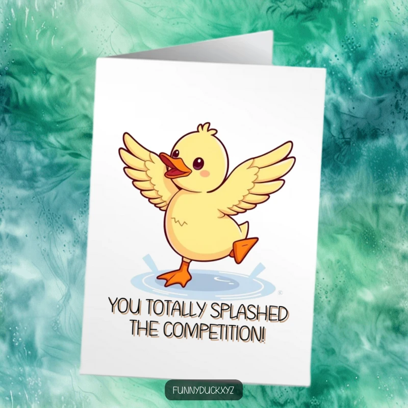 Funny Free Printable Congrats Card: Kawaii duck flapping wings enthusiastically while jumping a small puddle with excitement.