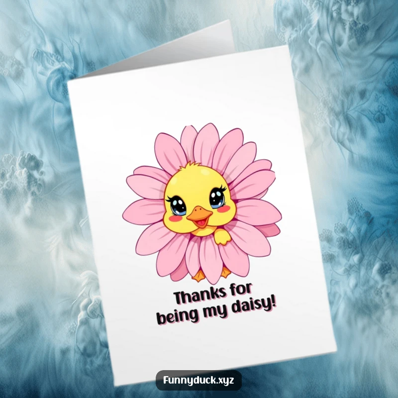 Funny Free Printable Thank You Card: Kawaii duck peeking out from behind a giant, colorful daisy with wide, thankful eyes.