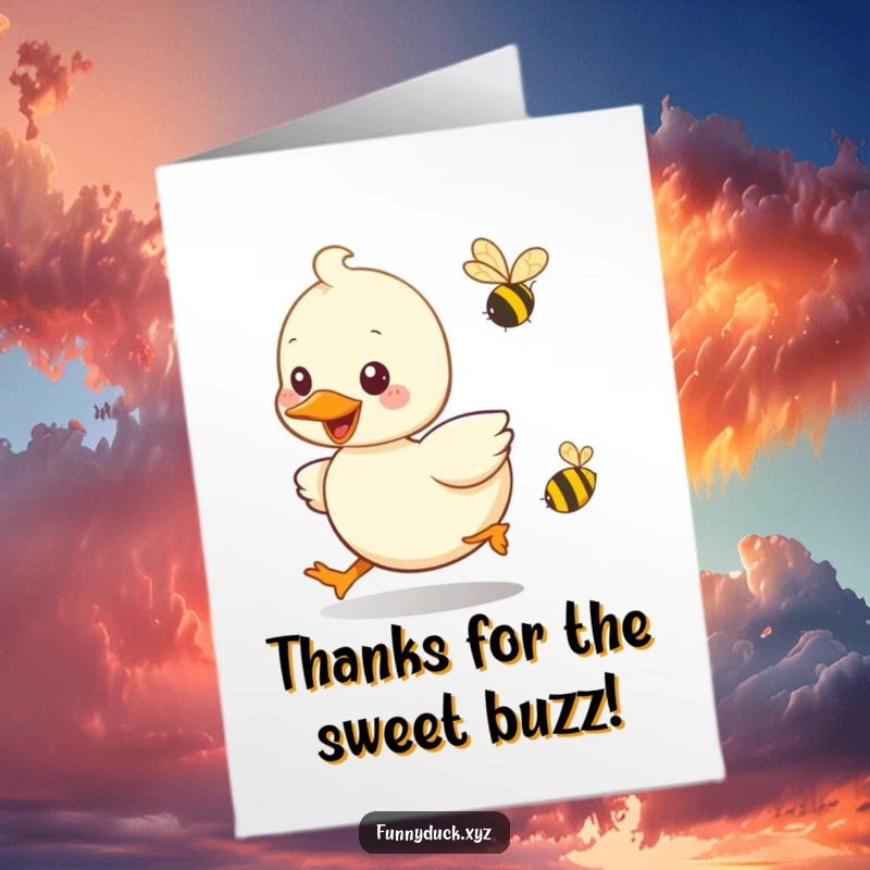 Funny Free Printable Thank You Card: Kawaii duck playfully chasing a tiny, buzzing bee with a grateful smile.