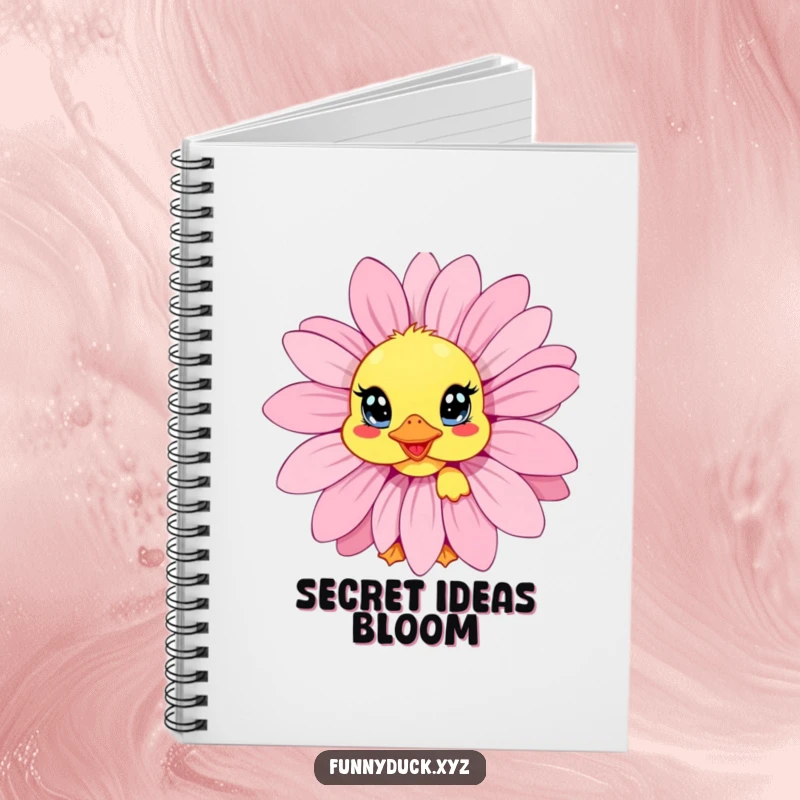 Funny Kawaii Duck Notebook with a duck peeking shyly from behind a daisy, great for jotting down sweet notes.