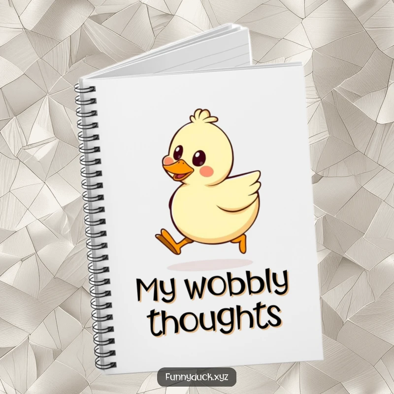 Funny Kawaii Duck Notebook with cover art of a duck doing a funny silly walk, wobbly legs and happy face, perfect for jotting notes.