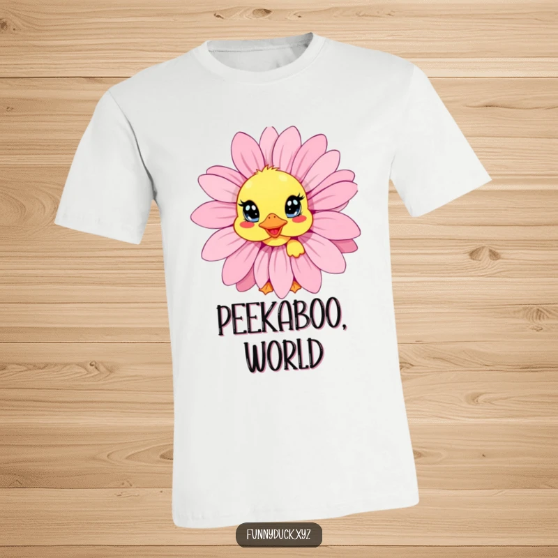 Funny Kawaii Duck T-Shirt featuring a duck peeking from behind a large daisy, eyes wide with delightful surprise.