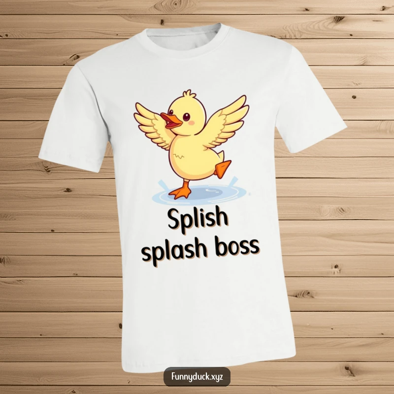 Funny Kawaii Duck T-Shirt depicting a duck energetically flapping as it jumps a small puddle, full of life.