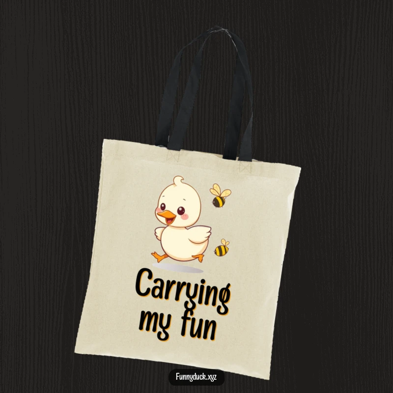 Funny Kawaii Duck Tote Bag showing a duck playfully chasing a buzzing bee, a charming and humorous accessory.