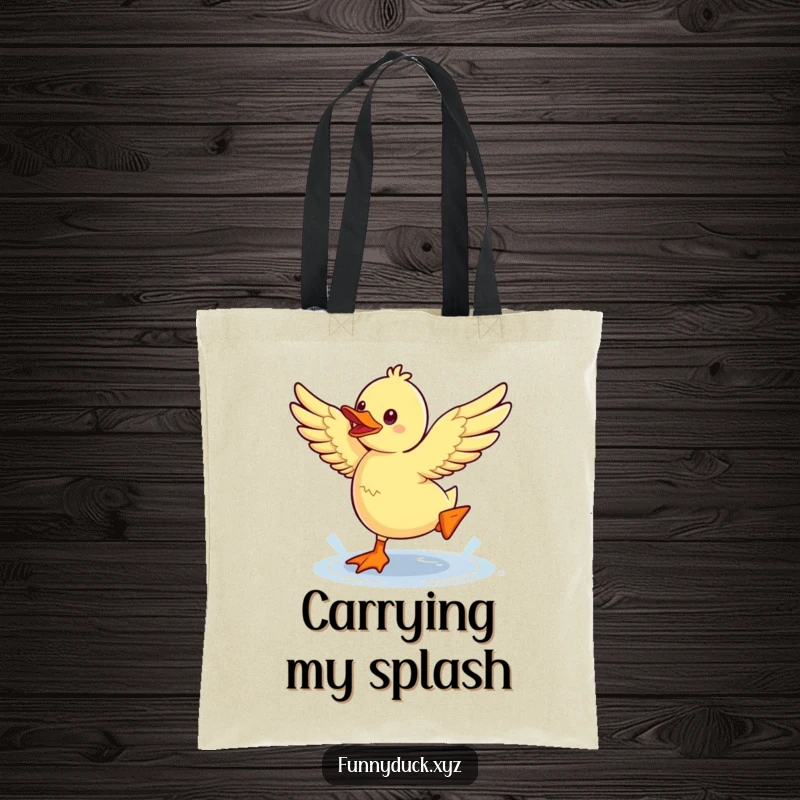 Funny Kawaii Duck Tote Bag showing a duck energetically jumping a puddle, a humorous and practical accessory.