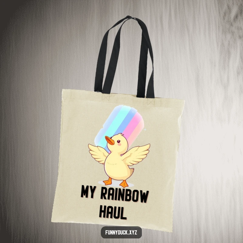 Funny Kawaii Duck Tote Bag with a happy duck stretching wings towards a dazzling rainbow, perfect for carrying dreams and daily items.