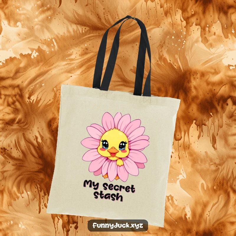 Funny Kawaii Duck Tote Bag showing a duck peeking from behind a daisy, a charming and humorous accessory.
